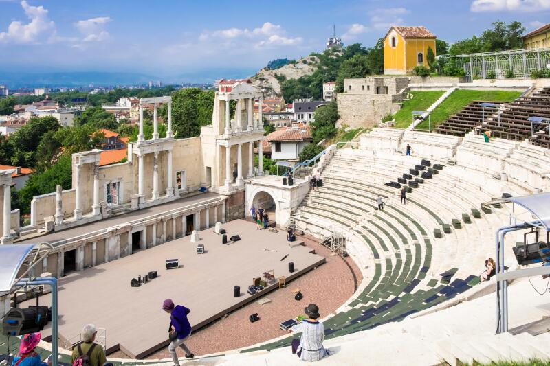 The Roman Theatre, an amphitheatre now used for concerts, Old Town, Plovdiv, Bulgaria, Europe