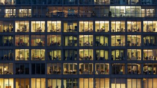 Office buildings with lighted windows, people at work, Media Harbour, Dusseldorf, North Rhine-Westphalia, Germany