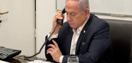(240415) -- BEIJING, April 15, 2024 (Xinhua) -- This photo released on April 14, 2024 shows Israeli Prime Minister Benjamin Netanyahu making a phone call with U.S. President Joe Biden. U.S. President Joe Biden told Israeli Prime Minister Benjamin Netanyah