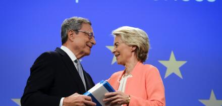 Brussels, Belgium. 09th Sep, 2024. Press Conference by European Commission President Ursula von der LEYEN and Mario DRAGHI on the Report on the Future of EU Competitiveness in Brussels, Belgium on September 9, 2024. Credit: ALEXANDROS MICHAILIDIS/Alamy Li