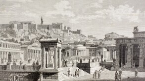 Imaginary view of the market place, or Agora in Athens, ancient Greece.