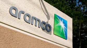 A logo sign outside of a facility occupied by Saudi Aramco in Houston, Texas, on May 27, 2017.