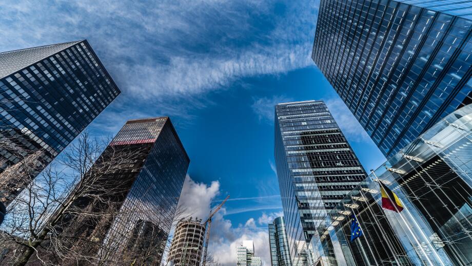 Brussels, Belgium - 03 10 2019: Contemporary glass and steel skyscrapers of the Little Manhattan financial and business district