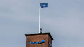 Aarhus, Denmark - 24 March 2020: The logo of the Nordea building in Aarhus.