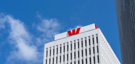Westpac bank logo on the building in Wellington, New Zealand.