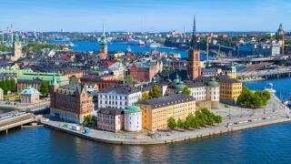 Stockholm. Aerial view of Riddarholmen and Gamla Stan (Old Town) from the Tower of Stockholm City Hall (Stadshuset), Kungsholmen, Stockholm, Sweden