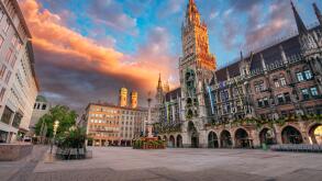 Munich, Germany. Cityscape image of downtown Munich, Germany with Marienplatz at beautiful autumn sunrise.