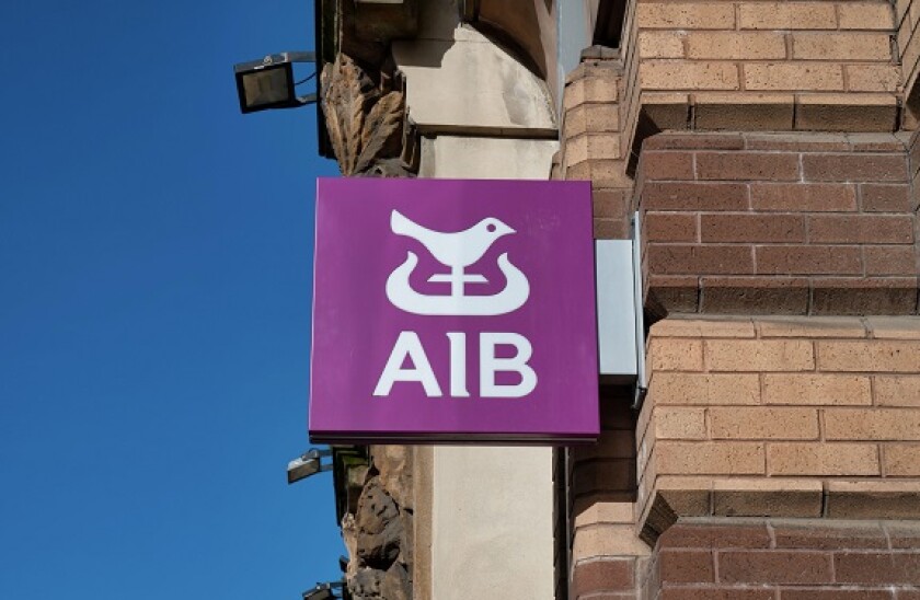 Belfast, UK- Feb 19, 2022: The sign for AIB in Belfast Northern Ireland.