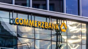 Commerzbank logo on glass facade, Dresden, Germany