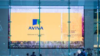 Aviva Plc HQ London -  display in the foyer of the St Helen's building, formerly Aviva Tower, St Mary Axe in the City of London. Aviva Headquarters HQ