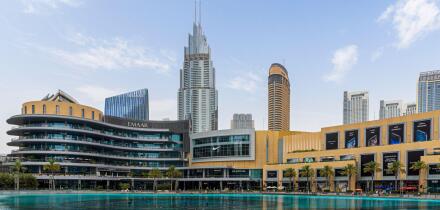 EMAAR Properties Dubai Mall overlooked by EMAAR high rise buildings, Downtown Dubai, Dubai, UAE