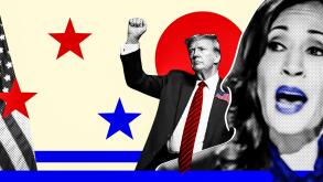 Portrait of Donald Trump and Kamala Harris. Illustrative photo collage with halftone effect