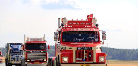 LUOPAJARVI, FINLAND - AUGUST 9, 2018: Classic Scania LS 141 1978 of Michael Nielsen and more oldtimer trucks in truck convoy to Power Truck Show 2018.