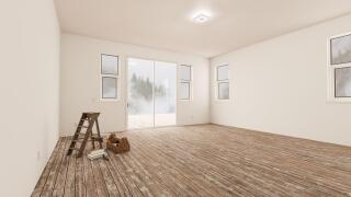 Ladder and Painting Equipment In Raw Unfinished Room of House with Blank White Walls and Worn Wood Floors.