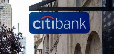 A Citibank projecting sign on the building in New York City, USA.