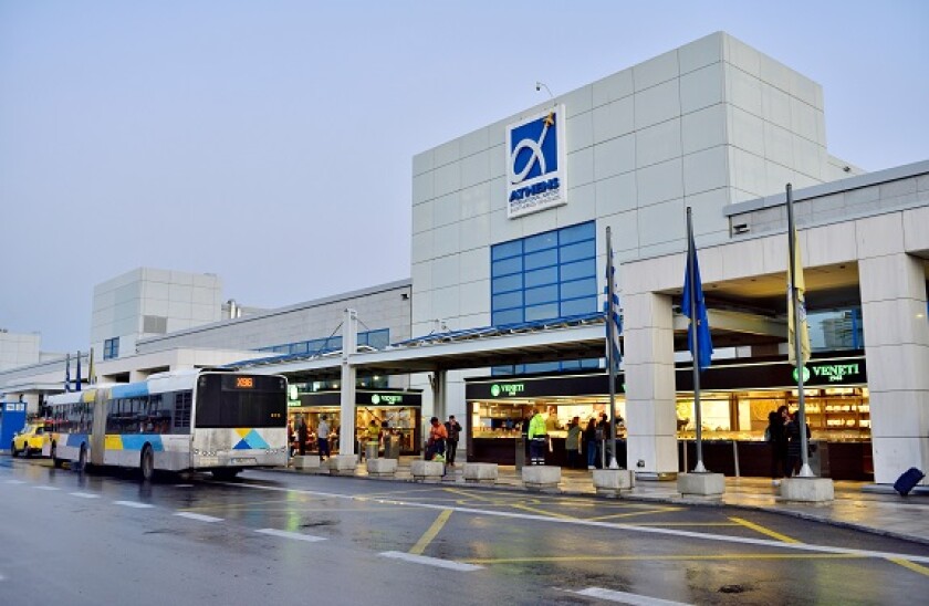 Outside the front entrance to Athens international airport, Greece