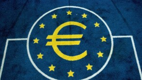 ? Euro symbol woven into lift carpet, ECB, Frankfurt, Germany.. Image shot 2006. Exact date unknown.