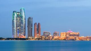 Evening skyline view of Abu Dhabi in United Arab Emirates