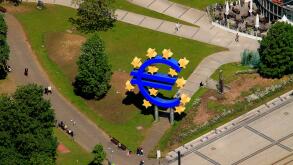 Aerial view, euro sign, European Central Bank, ECB, Frankfurt am Main, Hesse