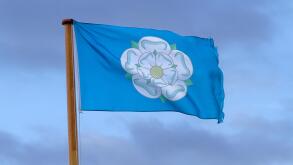 The Yorkshire white rose on a Yorkshire flag blowing in the wind