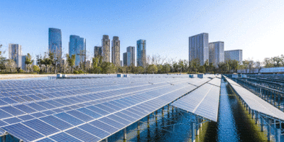 solar panels in water with cityscape in background