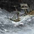 Sailing-ship struggling through stormy seas. Hand-colored woodcut