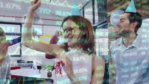 Image of stock market data moving over multiracial colleague dancing in office party