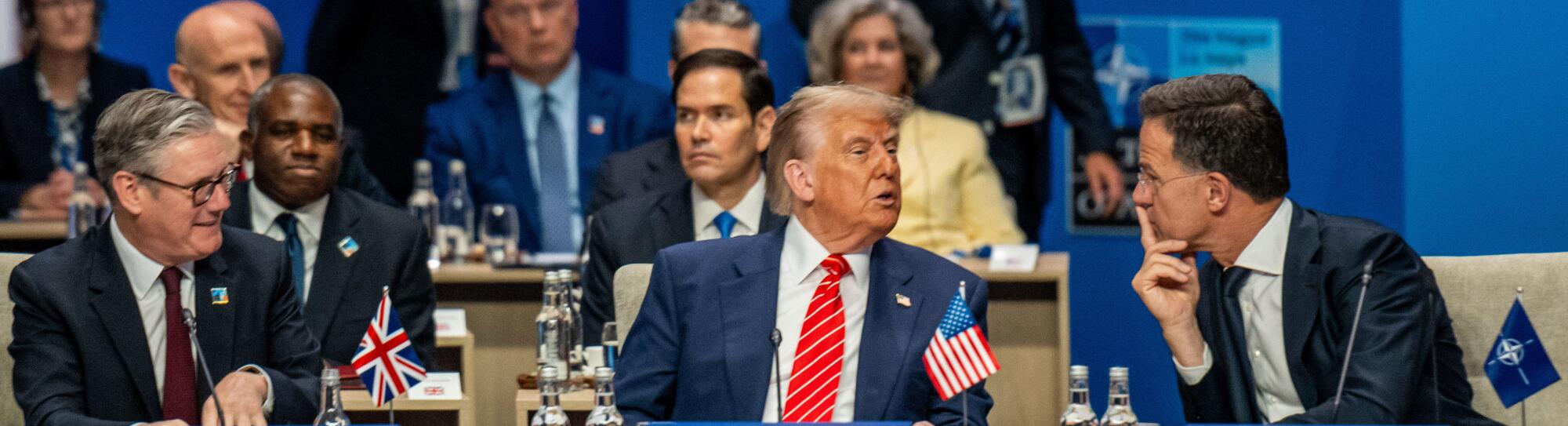 June 25, 2025, The Hague, South Holland, Netherlands: US President DONALD TRUMP speaks with NATO Secretary General MARK RUTTE while Prime Minister of the United Kingdom KEIR STARMER listens on. On June 25, 2025, leaders and representatives from all 32 NAT