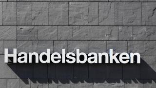 Aarhus, Denmark - May 1, 2016: Handelsbanken logo on a wall. Handelsbanken is a Swedish bank providing universal banking services