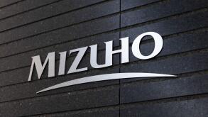 Logo of Mizuho Bank on their headquarter building in Otemachi, Tokyo on November 25, 2022.