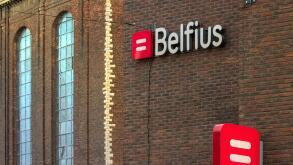 Belfius - external view of the banner logo on the bank building. Sint Truiden. Limburg - Belgium 25-11-2023