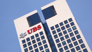 Exterior view with logo, German headquarters of UBS Bank in OpernTurm tower, Frankfurt am Main, Hesse, Germany, Europe