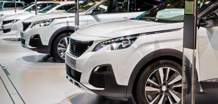 BRUSSELS - JAN 9, 2020: Row of new Peugeot car models presented at the Brussels Autosalon 2020 Motor Show.