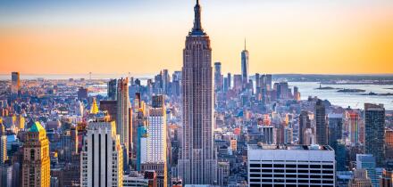 New York City, United States -  Midtown skyline of Manhattan at amazing sunset in America.