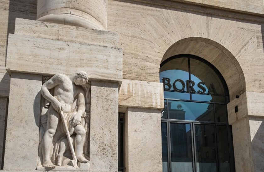 Exterior section of Milan Borsa, Italian Stock Exchange building, Palazzo Mezzanotte, Milan, Lombardy, Italy.