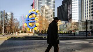 The Euro sign outside the European Central Bank (ECB) in Frankfurt am Main Hessen Germany