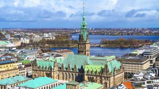 Aerial view of Hamburg cityscape with Rathaus and Alster Lake