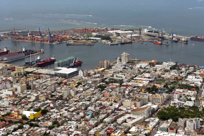 aerial view above Port of Veracruz Mexico and city center