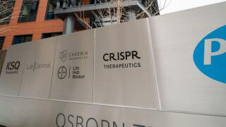 Low-angle view of KSQ Therapeutics, Lab | Central, CASEBIA Therapeutics, Bayer | Life Hub Boston, and CRISPR Therapeutics logos on a low sign at Osborn Triangle in Cambridge, Massachusetts, February 13, 2021. (Photo by Nicole Gaffney/Gado/Sipa USA)
