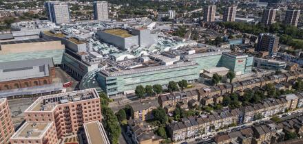 Aerial view of Westfield London, White City, London, UK.