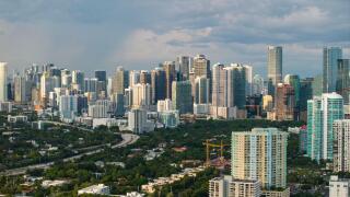 Urban cityscape of Miami Brickell downtown district in Florida, USA. Skyline with skyscraper buildings in modern American city