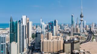 Kuwait, Kuwait City, Elevated view of the modern city skyline and central business district
