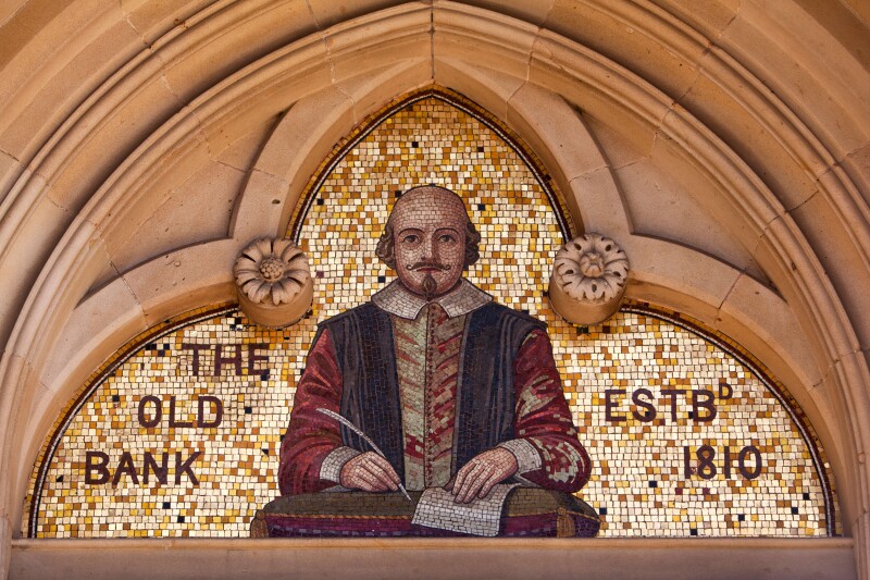 Warwickshire, Stratford on Avon, Chapel Street, Old Bank Building, Shakespeare mosaic above doorway