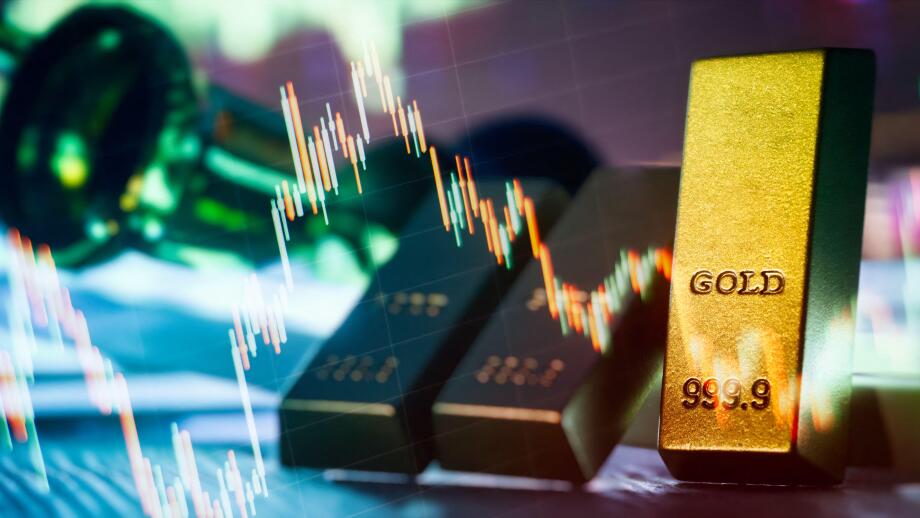 Gold Bullion Bar Closeup With Falling Candlestick Chart Overlay Precious Metal Price