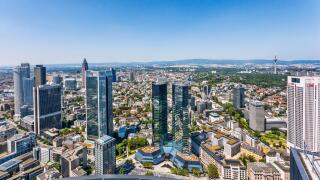 Germany, Hesse, Frankfurt am Main, aerial view of Frankfurt's Bankenviertel highrise