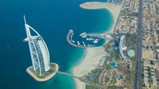 View of Burj Al Arab from seaplane, Dubai, United Arab Emirates, Middle East