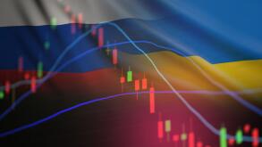 War Russia and the US in Ukraine and the Middle East. Ukraine crisis Ukraine and Russia military conflict Stock market exchange loss trading graph ana