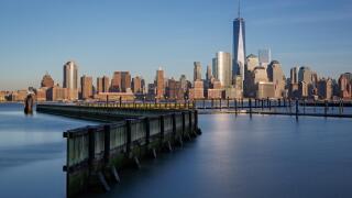 New York City Financial District skyline with One World Trade Center commonly referred to as The Freedom Tower.
