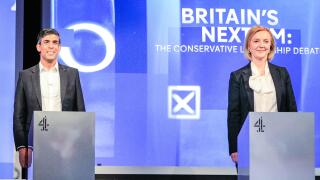 London, UK. 15th July, 2022. All five Conservative Party Leadership Candidates, (left to right) Kemi Badenoch, Penny Mordaunt, Rishi Sunak, Liz Truss and Tom Tugendhat and candidates to become the next Prime Minister of the UK take part in a debate and q&