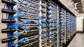 wall of network cabling blue bank computer room